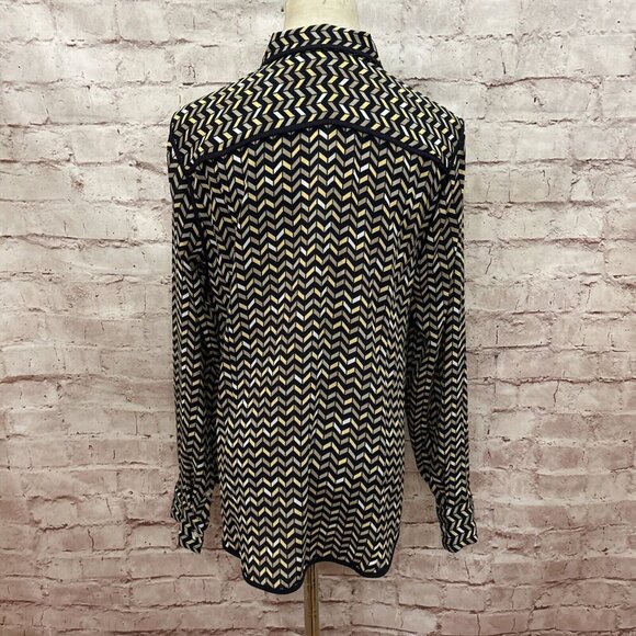 TOMMY HILFIGER Womens Button Up Blouse Top Chevron Print Navy Yellow Siz… - Picture 4 of 5